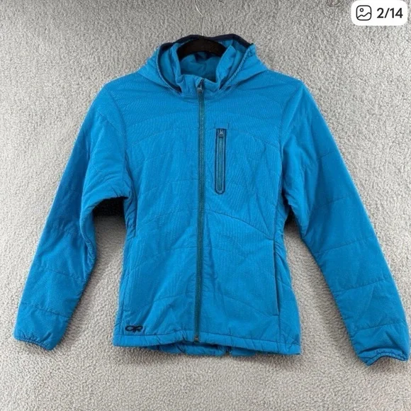 Outdoor Research Women's Bright Blue Hooded Puffer Jacket xs - Picture 2 of 11